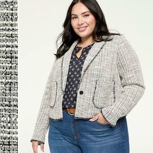 Lane Bryant Tweed Short Jacket Fringe Hem Long Sleeve with Buttons Cuff Pockets
